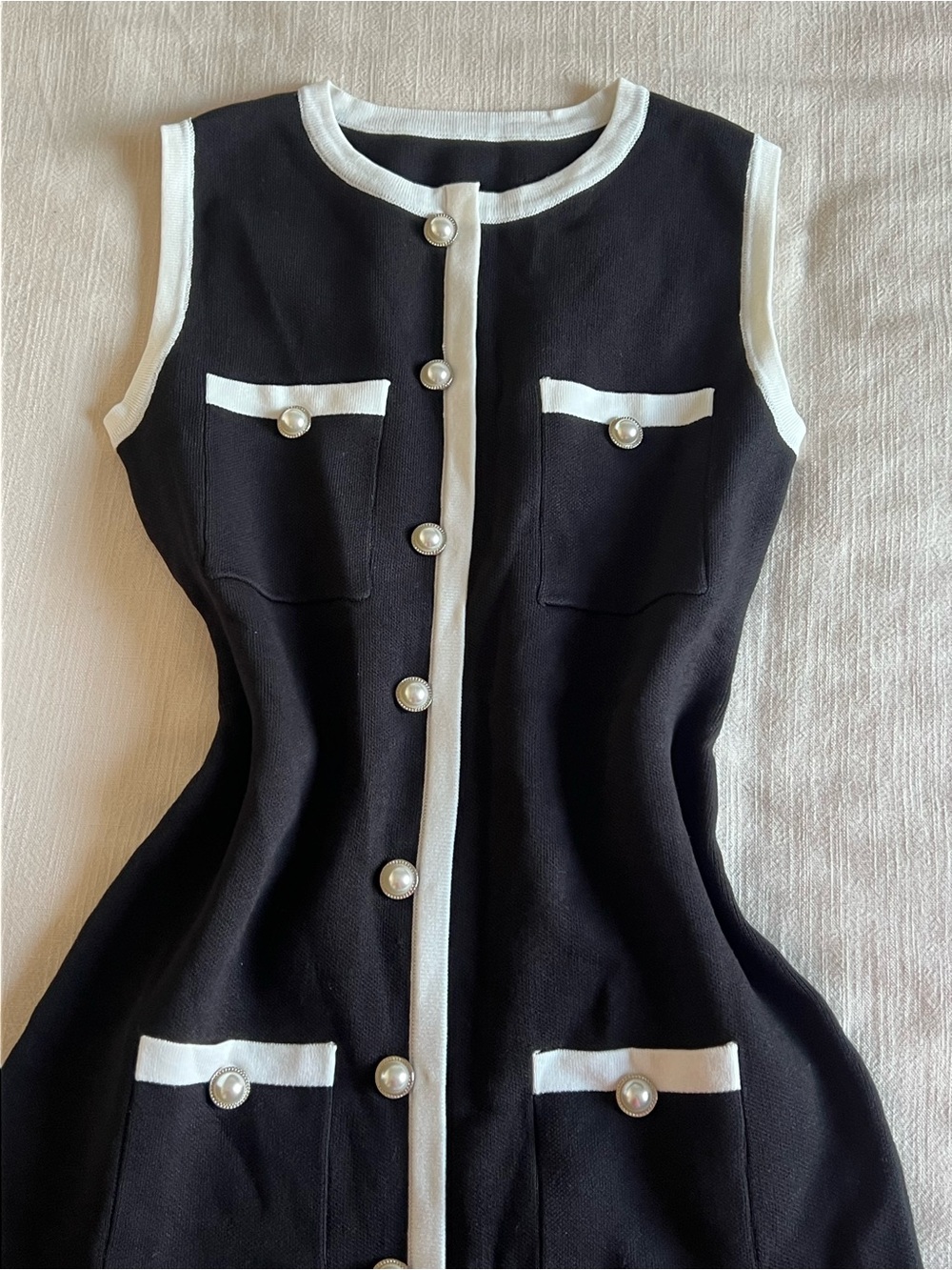 Commense Multi Pocket Button Sleeveless Short Sweater Dress in Black - Picture 3 of 8